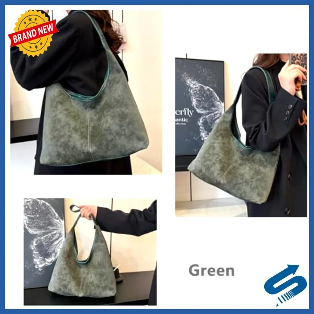 Large Suede Hobo Shoulder Bag Tote with Contrast Stitching